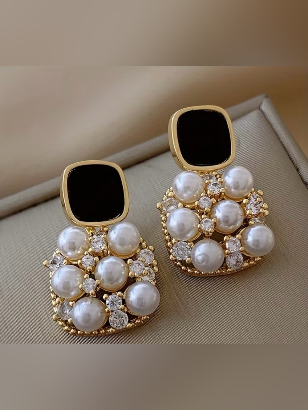 Fashion Jewelry Gold-Tone Black Enamel and Pearl Cluster Drop Earrings